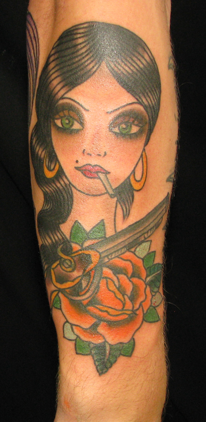 Traditional American Tattoos with tags gypsy lady old school pistol