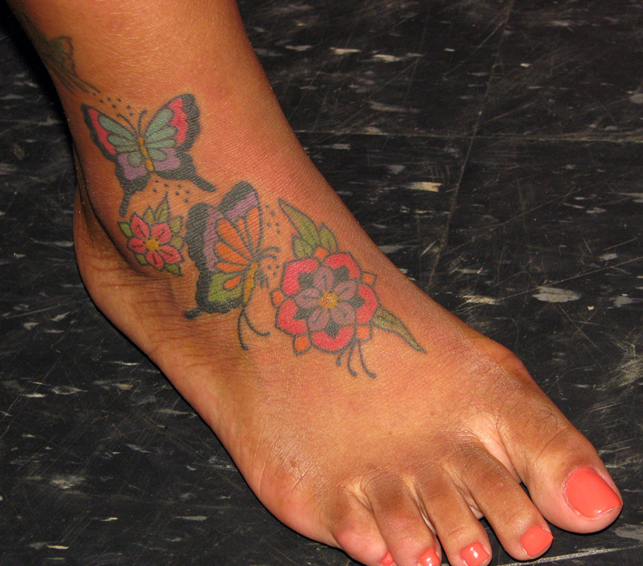butterfly and flower tattoos on foot.  tattoos, Illustrative/Artsy Tattoos | Tags: butterfly, flower, foot, 