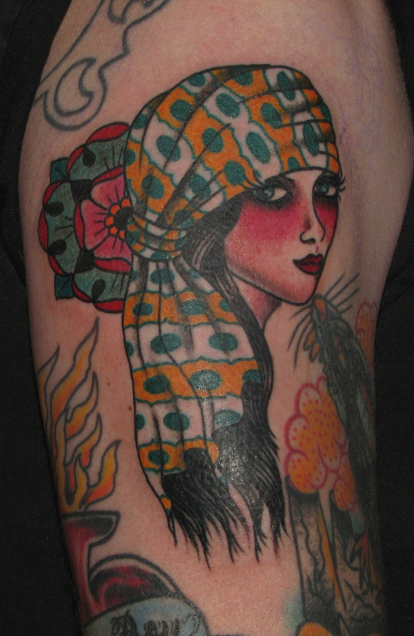  American Tattoos Tags flower girl gypsy head old school scarf 